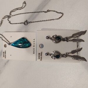 Genuine Paua Shell Silver-Toned Necklace And Paua Shell Feather Post Earrings